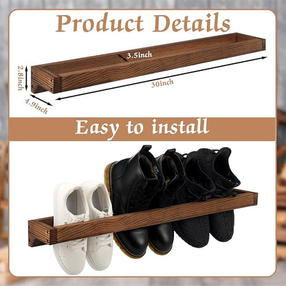 Wenqik 2 Pcs Wall Mounted Wooden Shoe Rack 30 Inch Rustic Wood Wall Hanging - Image 2