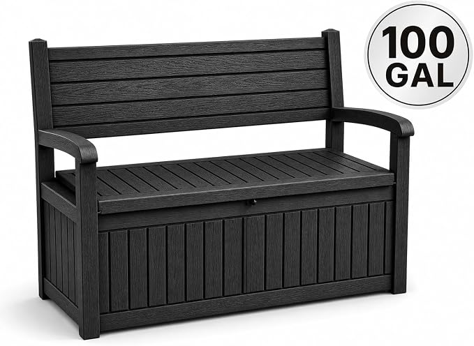 EasyUp 100 Gallon Wood Grain Style Outdoor Storage Bench, Waterproof and - Image 2