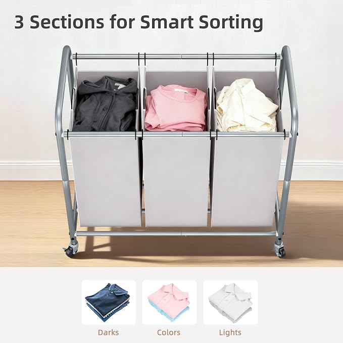 STORAGE MANIAC 3 Section Laundry Sorter, 35.6 Gal Laundry Hamper Cart - Image 3
