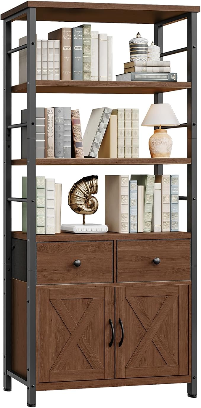 HOOBRO Bookshelf with Doors, Rustic Bookshelf with Drawers, Industrial Display by HOOBRO