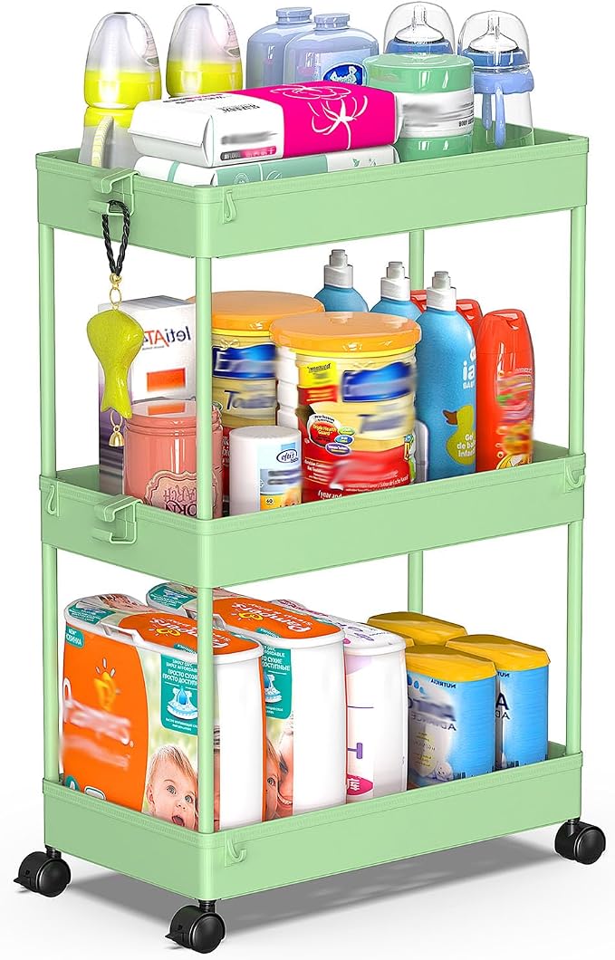 SPACEKEEPER Green 3-Tier Rolling Storage Cart, Bathroom & Kitchen Organizer by SPACEKEEPER