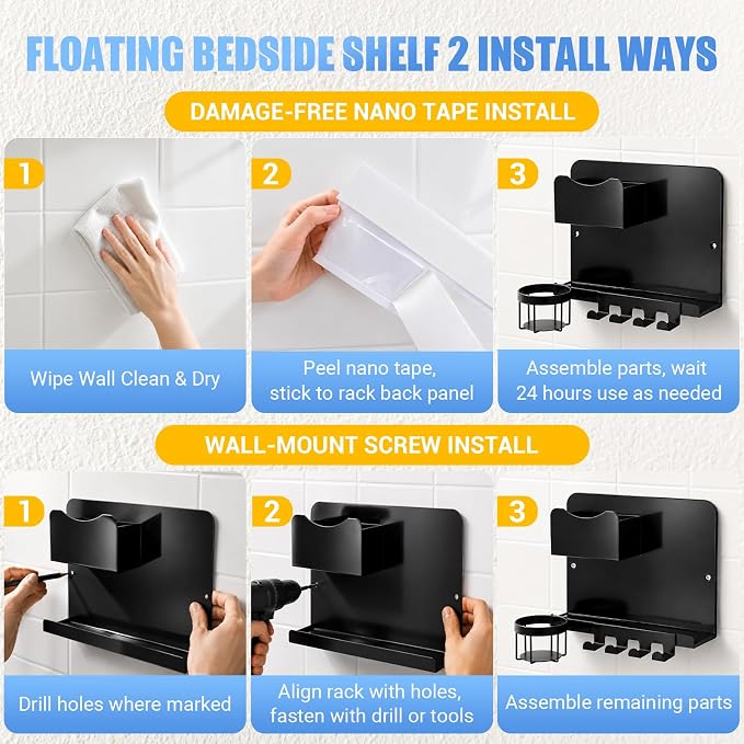 Metal Bedside Wall Shelf, No Drill Floating Bedside Shelf Wall Organizer | - Image 7