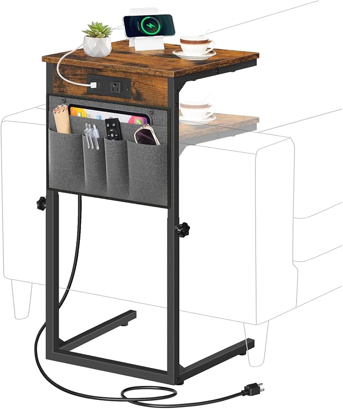 HOOBRO C Shaped End Table with Charging Station, 30” Adjustable Height Sofa by HOOBRO