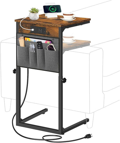 HOOBRO C Shaped End Table with Charging Station, 30” Adjustable Height Sofa by HOOBRO