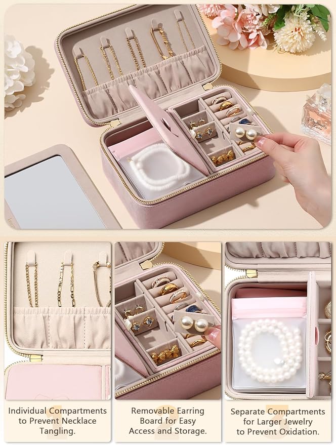Velvet Travel Jewelry Box with Large Mirror, Double-Layer Jewelry Organizer Case - Image 3