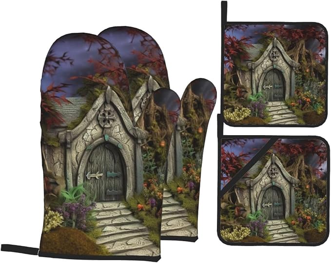 Gothic Fairy Garden Oven Mitts and Pot Holders Sets of 4 Heat Resistant Non - Image 7