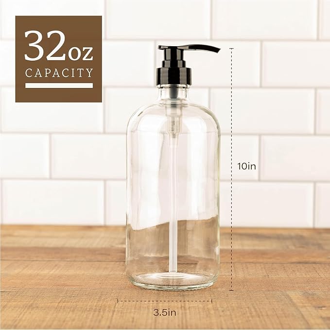 32 Ounce Large Amber Glass Boston Round Bottles w/Natural Color Pumps. Great - Image 2