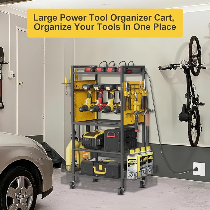 Power Tool Organizer Cart with Charging Station, Heavy Duty Garage Tool - Image 5