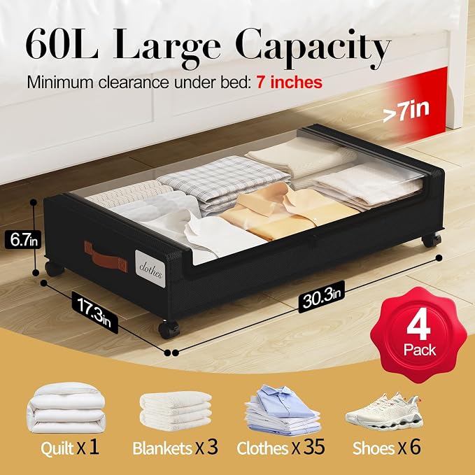 Yecaye Under Bed Storage with Wheels, 4 Pack Under the Bed Storage Containers - Image 2