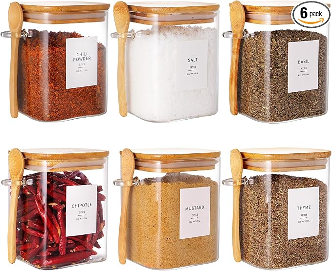 HHMJSM 6 Pcs Square Glass Jar - 27 oz Large Sugar Container with 148 Kitchen by HHMJSM