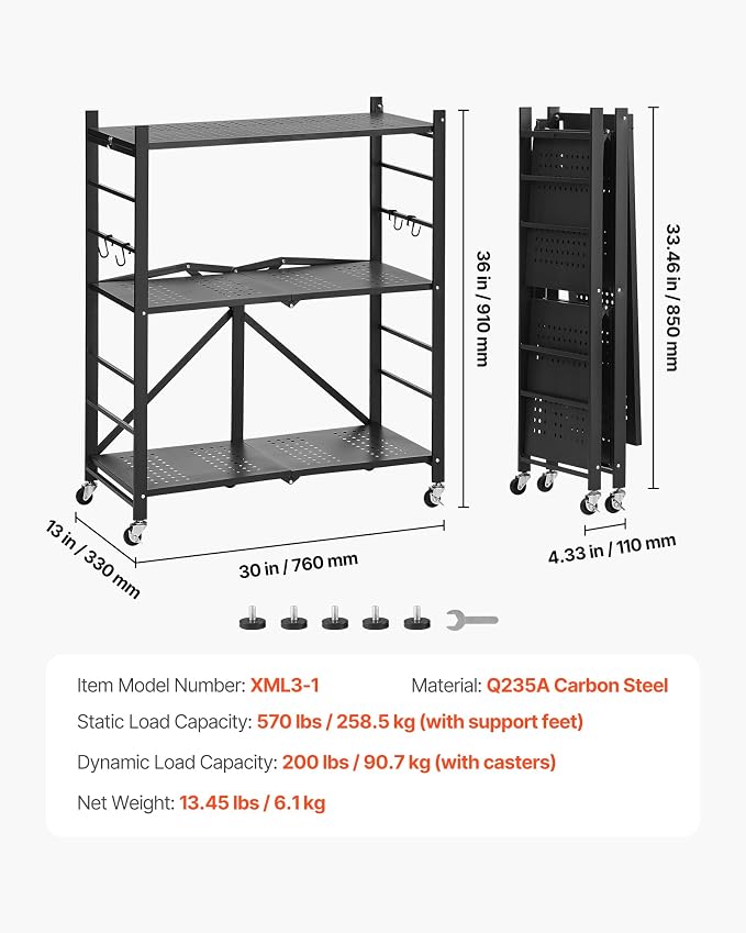 VEVOR 3-Tier Foldable Storage Shelf, 30W x 13D x 36H Inch Folding Metal Rack - Image 3