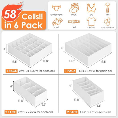 6 Pack Sock Underwear Drawer Organizer Dividers, 58 Cell Foldable Fabric - Image 4