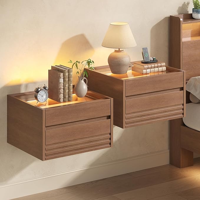 Sikaic Floating Nightstand Set of 2 Wall Mounted, Touch Control LED Light & by SikaicFurniture