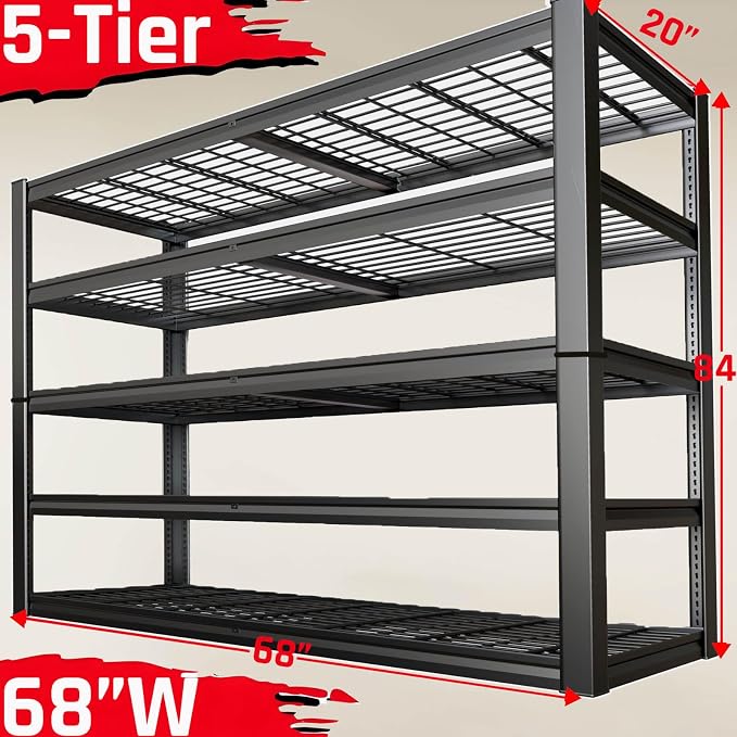 68" Wide Heavy Duty Garage Shelving Units, 5-Tier Deep Storage Shelves - Image 3