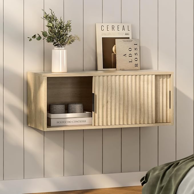 Large Wall Nightstand with Sliding Doors, Modern Fluted Night Stand Storage by EYYTHUNG