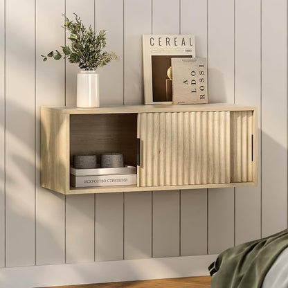 Large Wall Nightstand with Sliding Doors, Modern Fluted Night Stand Storage by EYYTHUNG