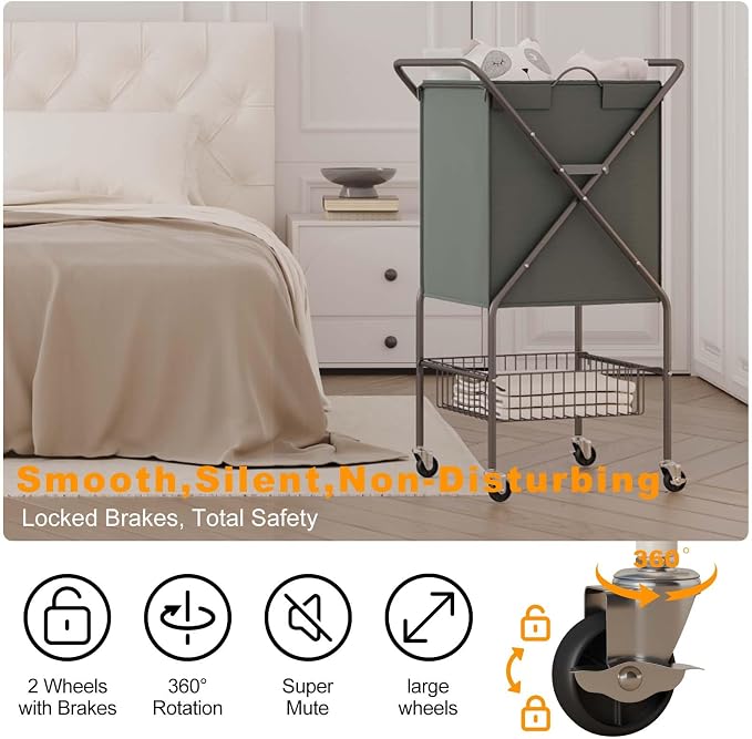 Laundry Basket with Wheels:88L Rolling Laundry Cart Foldable Metal Frame Dirty - Image 3