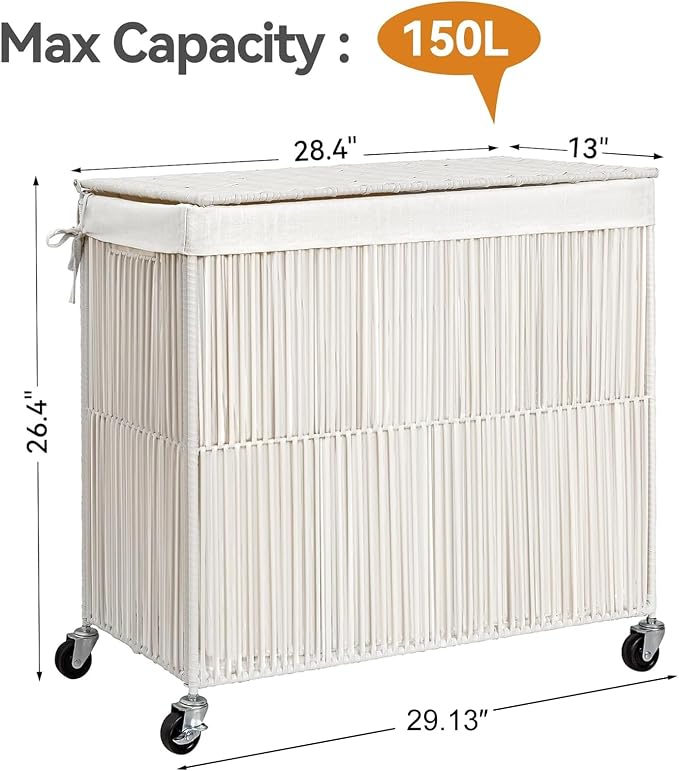 WOWLIVE Laundry Hamper with Wheels, 160L Handwoven Rolling Laundry Basket 3 - Image 4