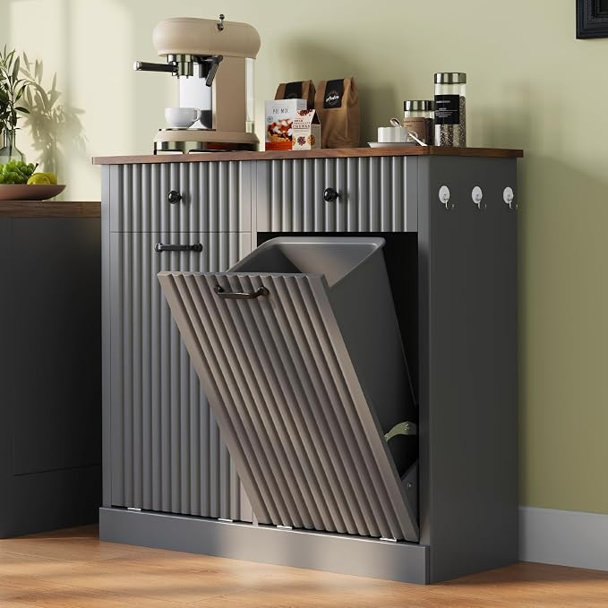 Double Tilt Out Trash Can Cabinet, 20 Gallon Fluted Laundry Hamper Cabinet by Unknown