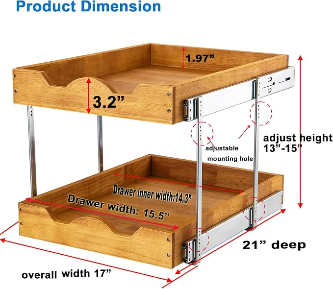 DINDON 2 Tier Pull Out Cabinet Organizer Wood And Metal Double Tier Slide Out - Image 2