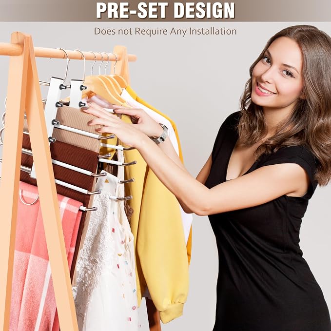 HUITEM 4 Pack 6-Tier Space Saving White Pant Hangers, Lightweight, Stainless - Image 4