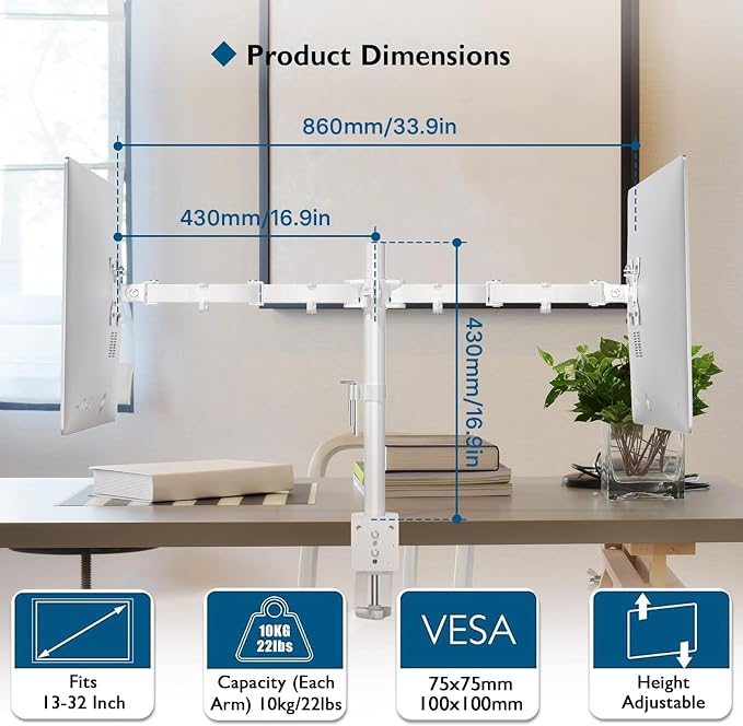 BONTEC Dual Monitor Desk Mount, Full Motion Adjustable White Monitor Stand - Image 3
