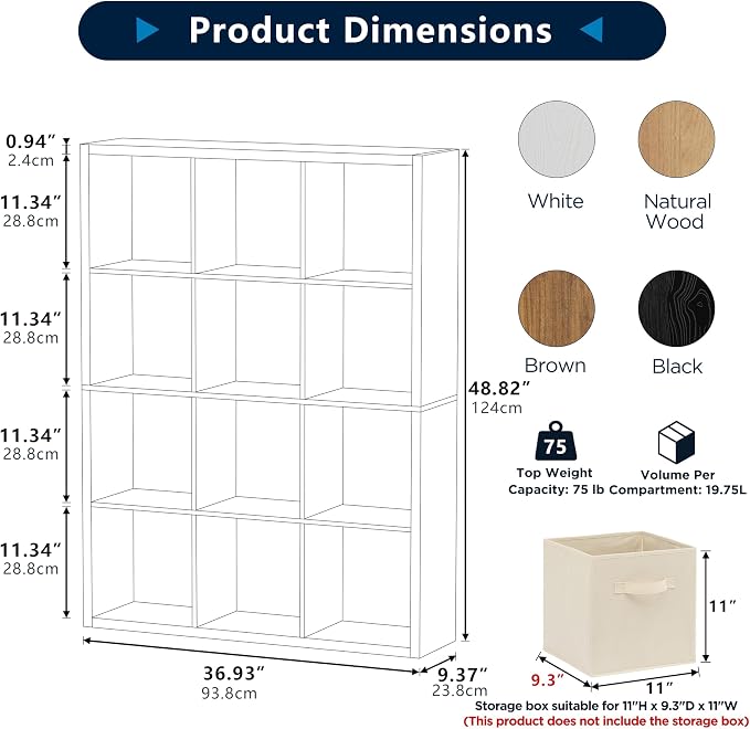 12 Cube Storage Organizer, Wooden Cube Shelf Bookcase - Image 2