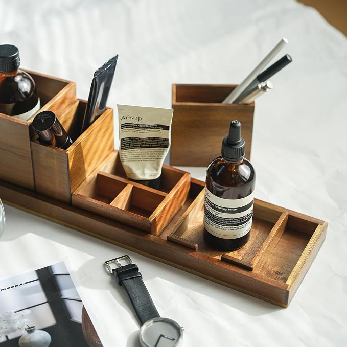 Wood Vanity Tray, 6-Piece Small Bathroom Counter Organizer Wooden Decorative - Image 5