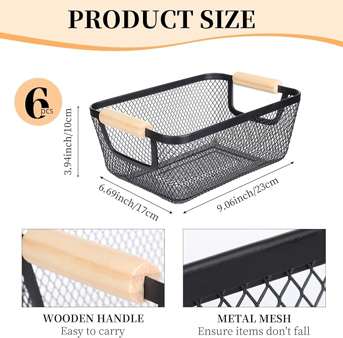 6 Pack Black Wire Basket with Wooden Handle, Storage Bins - Image 4