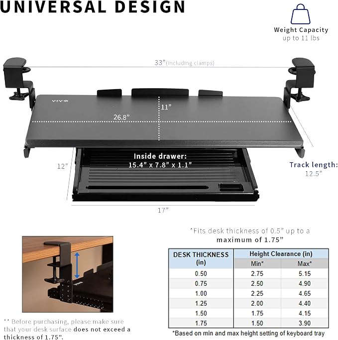 VIVO Large Clamp-on Height Adjustable Keyboard Tray, Pull Out Platform - Image 5