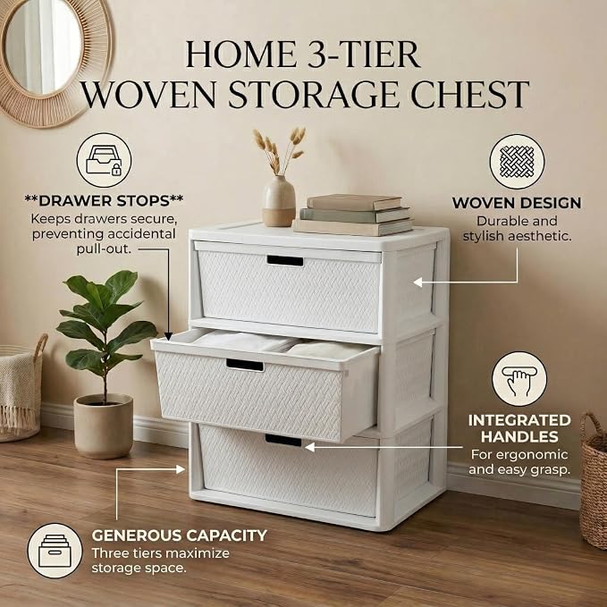 Premium Wide 3-Drawer Plastic Storage Tower, Decorative Opaque White Weave - Image 3