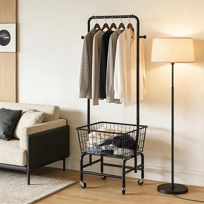 Rolling Laundry Cart with Hanging Rack Metal Laundry Basket with Wheels Laundry - Image 9