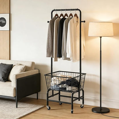 Rolling Laundry Cart with Hanging Rack Metal Laundry Basket with Wheels Laundry - Image 9
