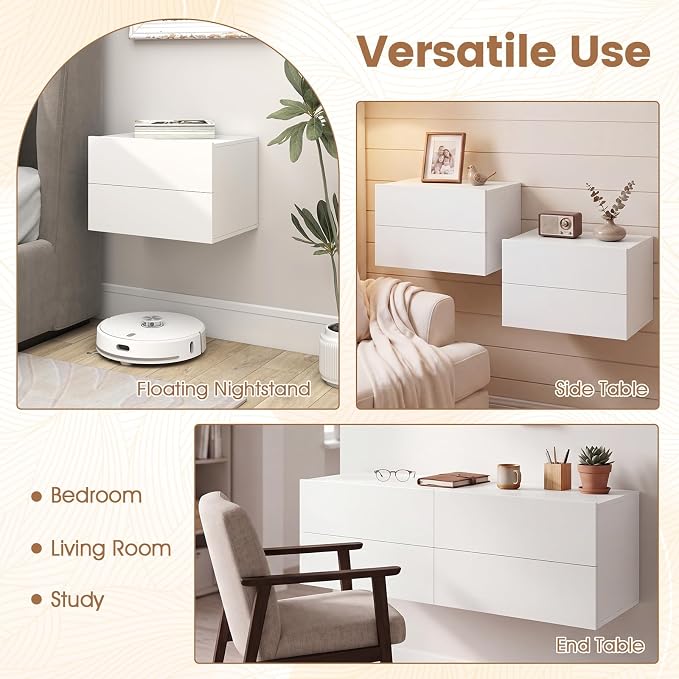 KOMFOTT Floating Nightstand Set of 2, Modern Hanging Bedside Table | Wall - Image 9