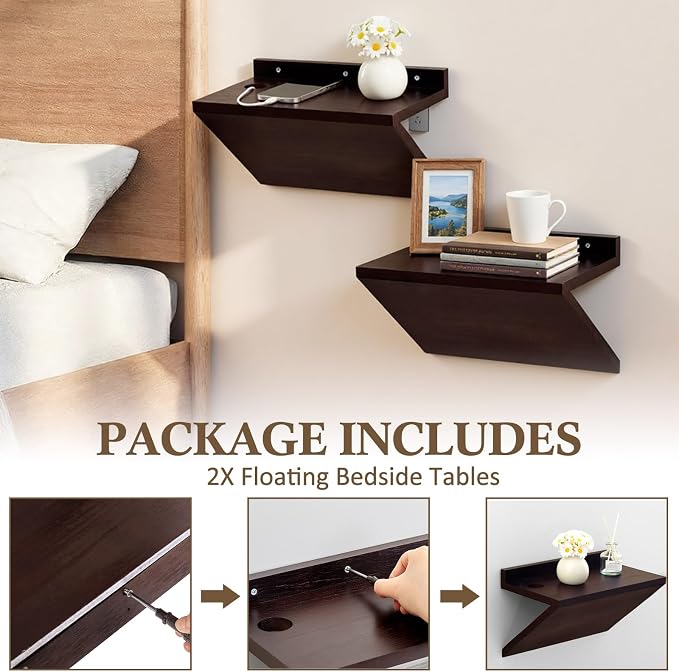 2 Pack 13 x 7 x 5.5 Inch Floating Nightstand Wooden Bedside V Shape Wall Shelf - Image 3