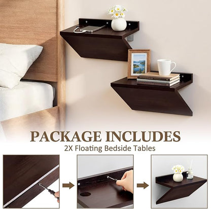 2 Pack 13 x 7 x 5.5 Inch Floating Nightstand Wooden Bedside V Shape Wall Shelf - Image 3