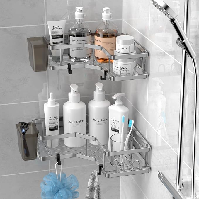 Corner Shower Caddy Bathroom Organizer: AKTECKE 2 Pack Adhesive Shelf Decor- No - Image 3