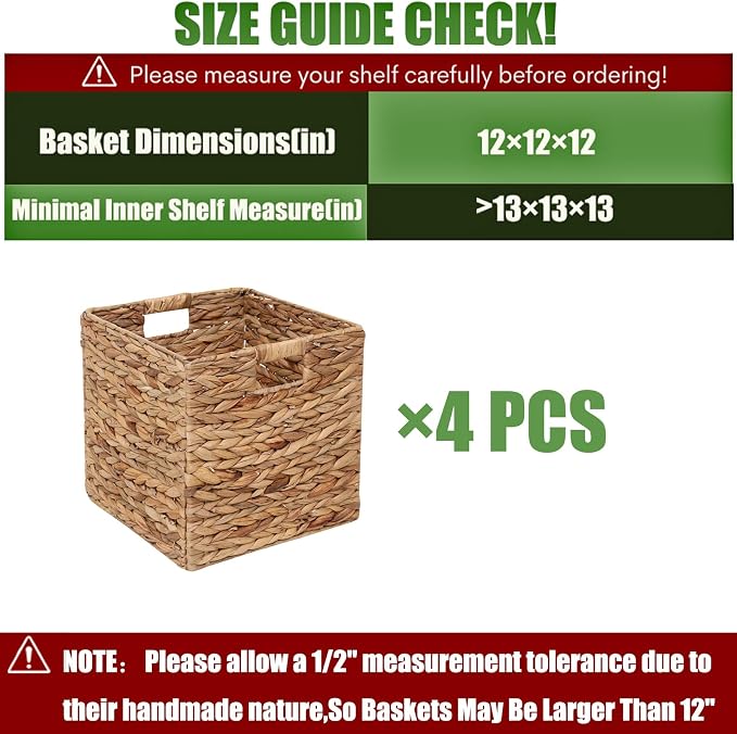 12x12in Storage Baskets 4 Pcs Water Hyacinth Baskets, Foldable Handwoven - Image 2