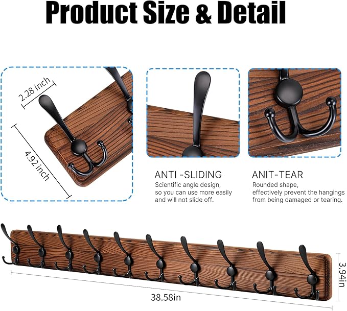 Kruodop Large Coat Rack Wall Mount Coat Hooks Coat Hanger - Image 2