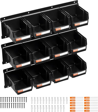 VEVOR Wall Mounted Storage Bins, 12 Plastic Bins & 3 Metal Rails, Plastic - Image 9
