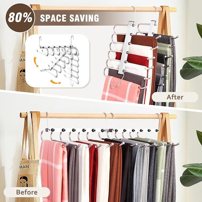 HUITEM Space Saving 6 Tier Pant Hangers, Lightweight, Stainless Steel, 2 Pack - Image 2