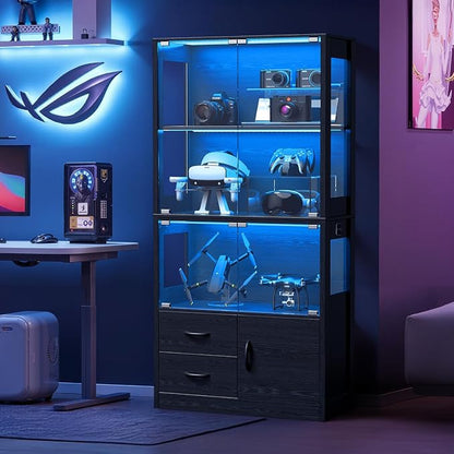 Display Cabinet with Glass Doors, 4-Tier Display Case with 3-Color Lights & - Image 9