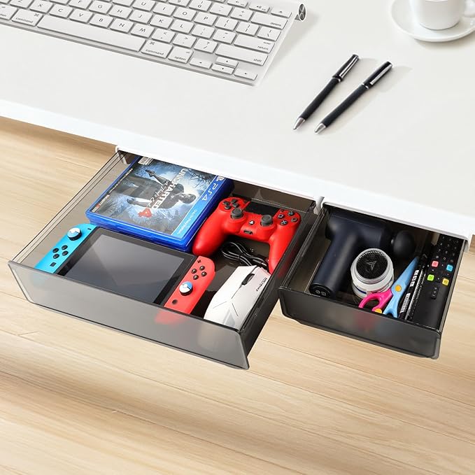 OSPNIEEK Self-adhesive Under Desk Drawer Organizer, 2 Pack Table Hidden Slide by OSPNIEEK