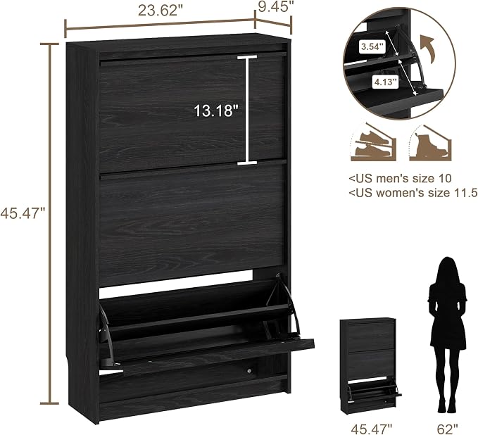 Shoe Cabinet with 3 Flip Drawers, 23.62" W Narrow Shoe Storage Cabinet - Image 2