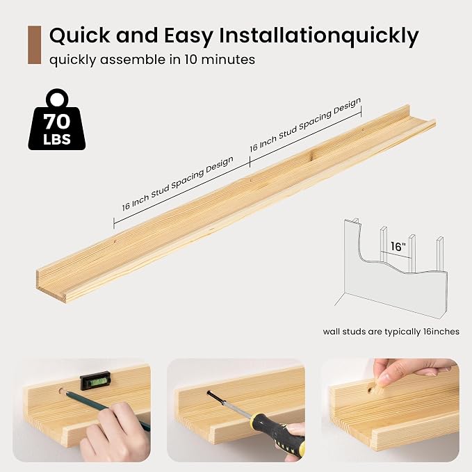 Picture Ledge Shelf, Solid Pine Wood Floating Shelves Set of 2, 48 Inches - Image 5