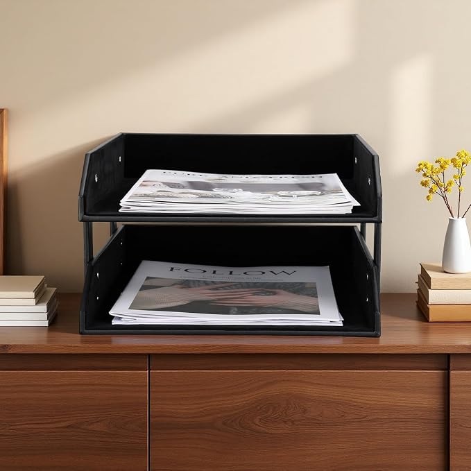 KINGFOM Letter Tray, Leather Paper Organizer Tray, Wooden Desk File Holder - Image 2