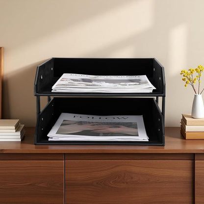 KINGFOM Letter Tray, Leather Paper Organizer Tray, Wooden Desk File Holder - Image 2