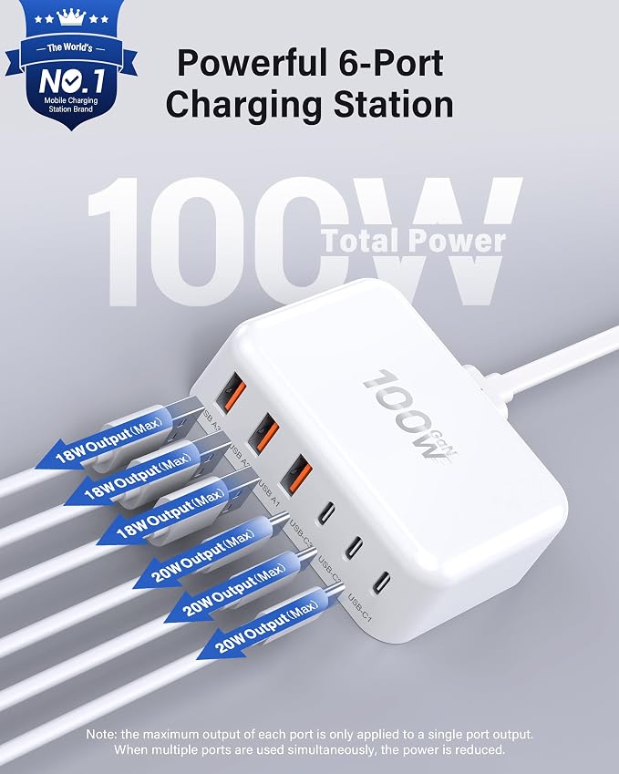 USB C Fast Charger, 100W GaN 6 Port Type C Charging Station Hub Block Cube - Image 2
