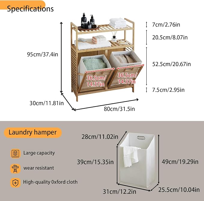 Double Tilt Out Laundry Hamper, Bamboo Hamper - Image 2
