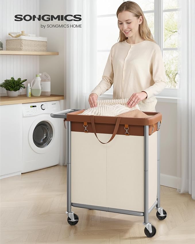 SONGMICS Laundry Basket with Wheels, 2-Section Rolling Laundry Hamper, 37 - Image 2